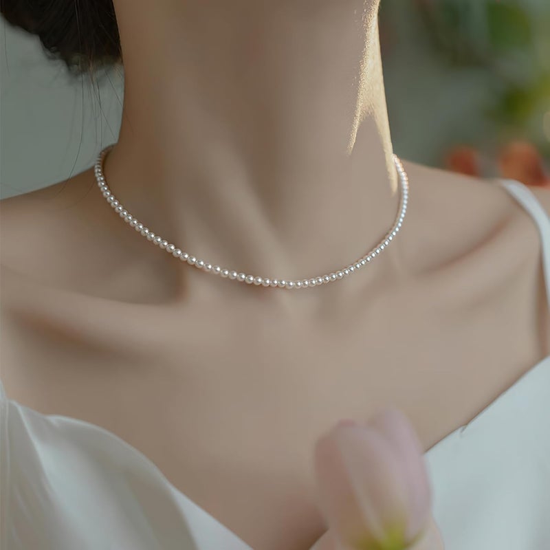 Eymi Simple Tiny Dainty Pearl Choker Necklace Jewelry for Women Sterling Silver Round White Pearl Strand Necklaces Adjustable - Image 3